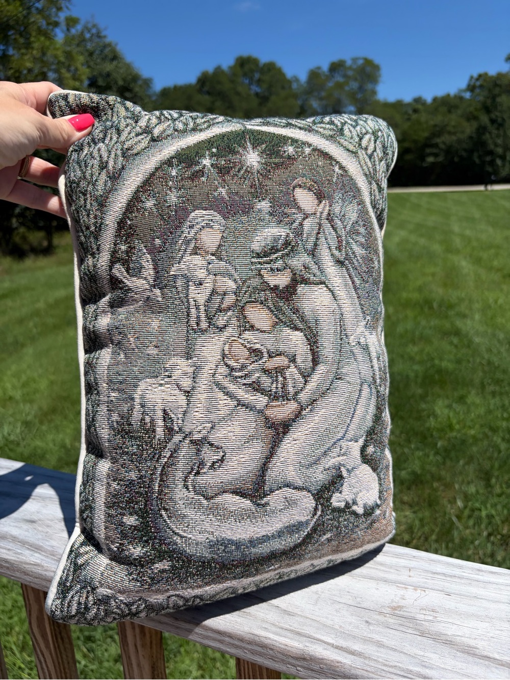 Willow Tree Nativity Scene Tapestry Throw Pillow 16” X 11 Flaw On The Back